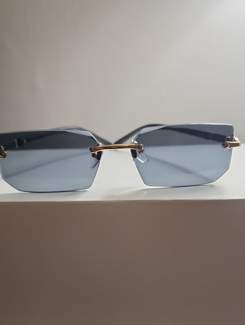 Gold-Trim Blue Lens Rimless Sunglasses - Women Accessories